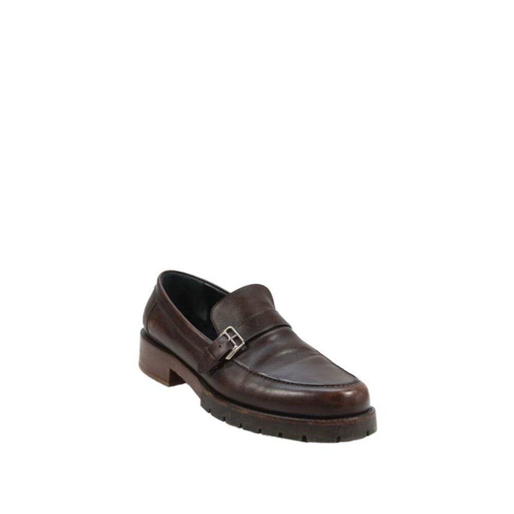 Hermes Mens Leather Buckle Side Slide On Dress Loafers Brown Size 10